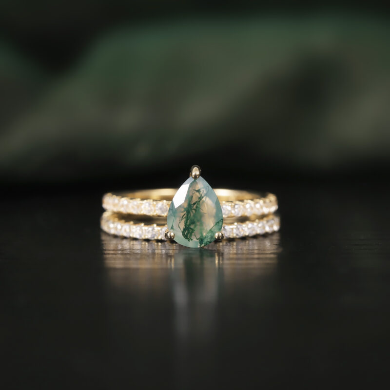 6X8mm Pear Shape Moss Agate Engagement Ring Set in 18K gold plated over 925 sterling silver