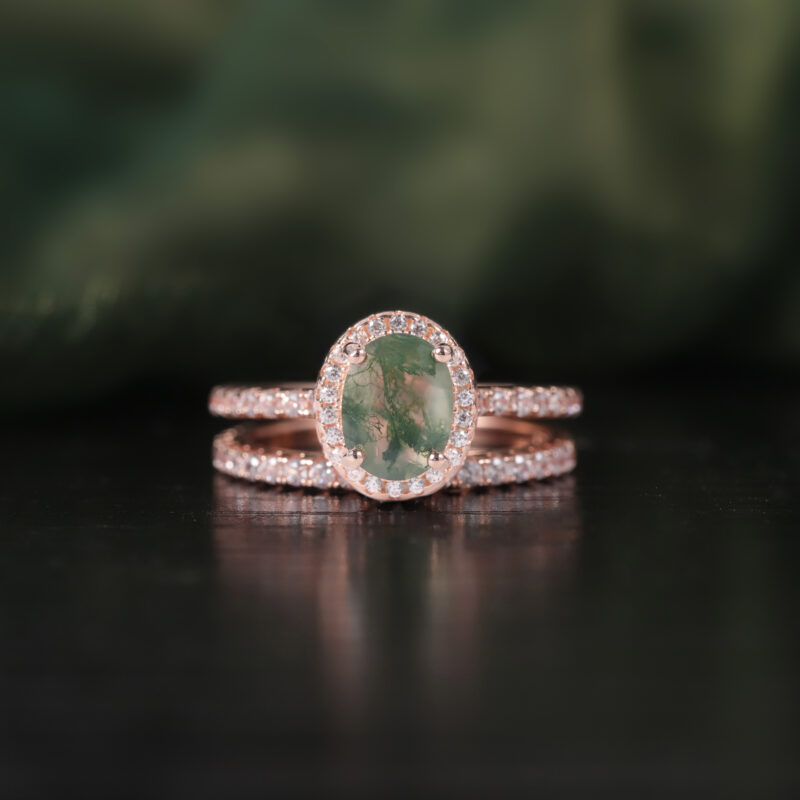 6X8mm Oval Moss Agate Halo Engagement Ring Set in 18K rose gold plated over 925 sterling silver