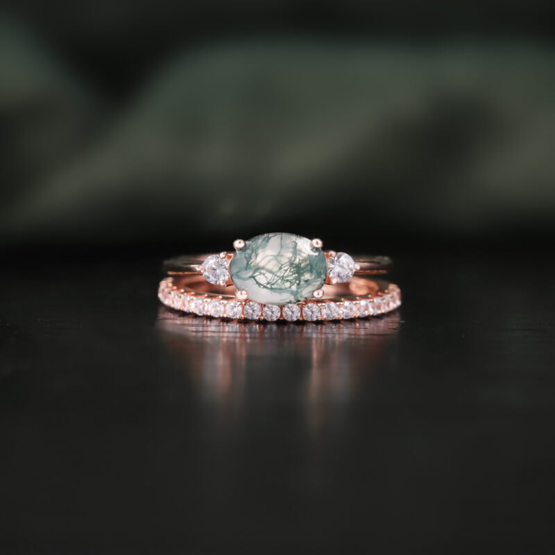 6X8mm Oval Moss Agate Engagement Ring Set in 18K rose gold plated over 925 sterling silver