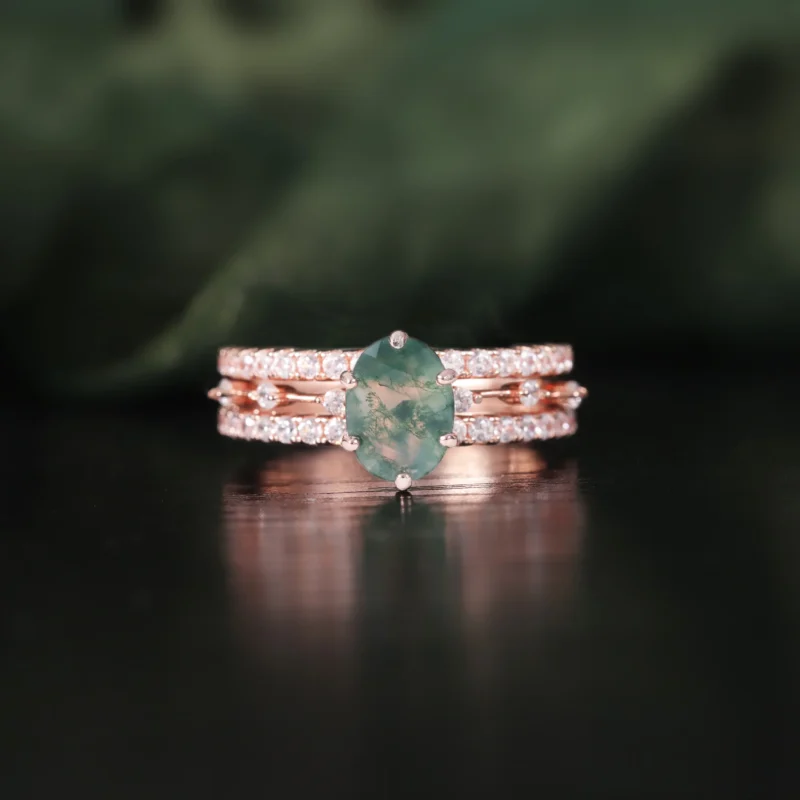 GEM'S BEAUTY Moss Agate Engagement Ring Set in 18K Rose Gold Plated Over 925 Sterling Silver