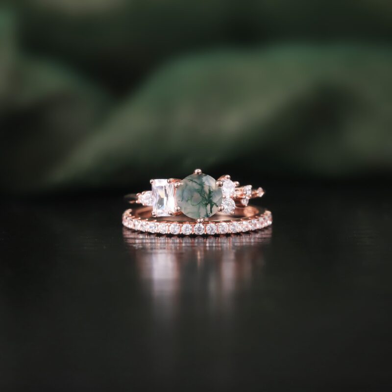 6mm Round Moss Agate Engagement Ring Set in 18K rose gold plated over 925 sterling silver