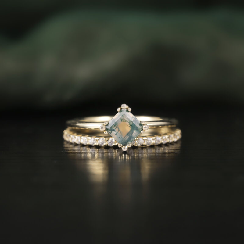5x5mm Square Shape Moss Agate Engagement Ring Set in 18K gold plated over 925 sterling silver
