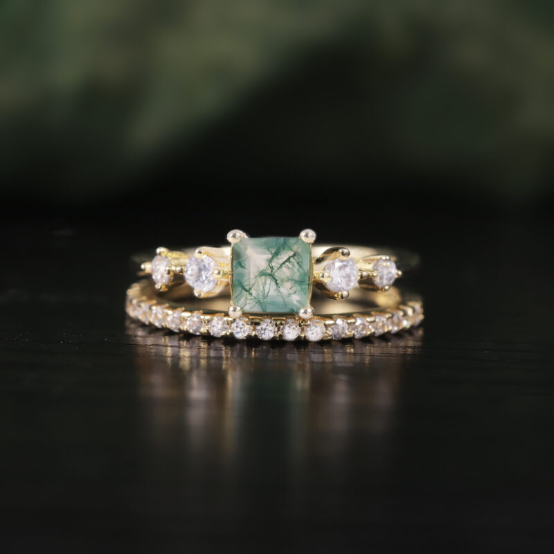 5x5mm Square Shape Moss Agate Engagement Ring Set in 18K gold plated over 925 sterling silver
