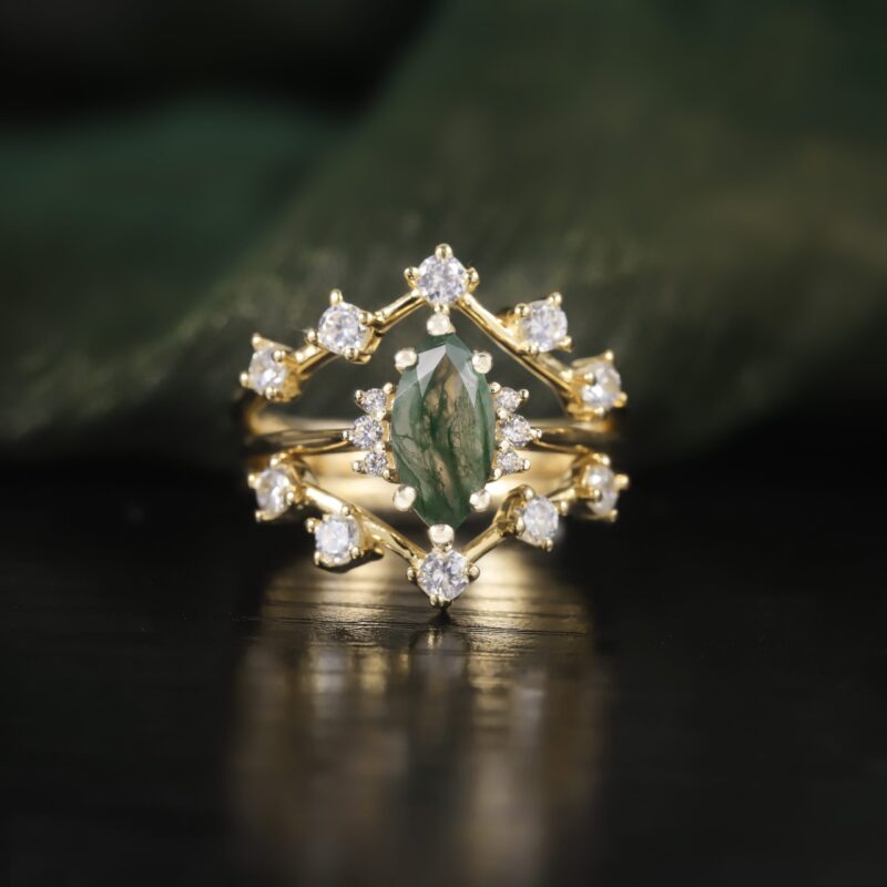 5x10mm Marquise Moss Agate Engagement Ring Set in 18K Gold Plated Over 925 Sterling Silver