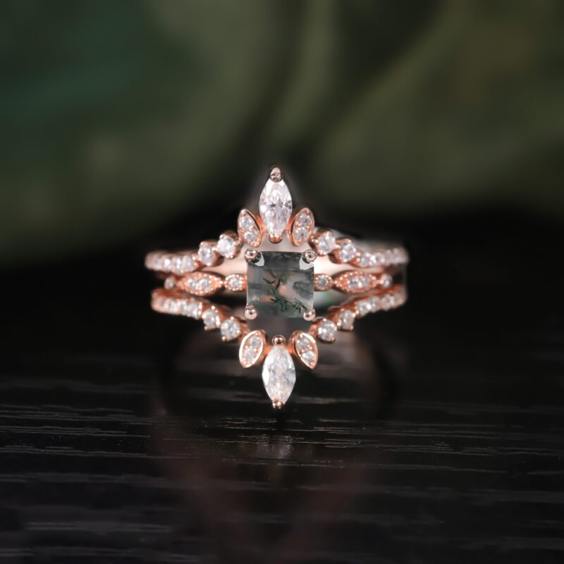 Moss Agate Engagement Ring Set Art Deco Stacking Matching Band in18K rose gold plated over 925 sterling silver