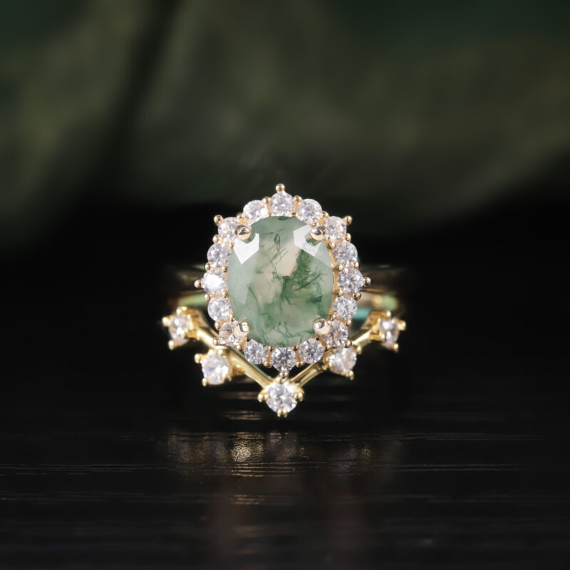 a crown of forest light with Halo Oval Moss Agate Ring Set 18K gold plated over 925 sterling silver