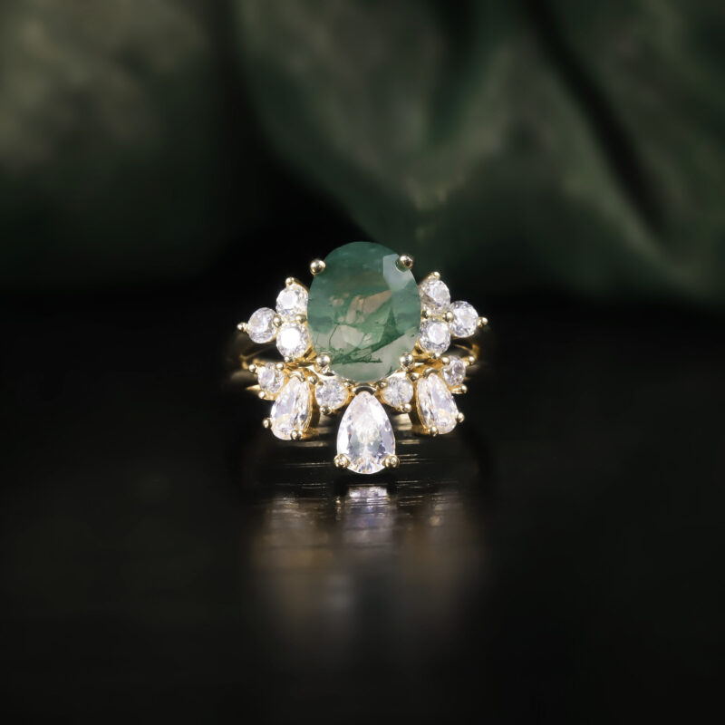 nature's glow with this Halo Oval Moss Agate Ring Set in 18K gold plated over 925 sterling silver(8X10mm)