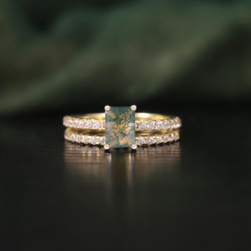 5x7mm Octagon Cut Moss Agate Engagement Ring Set in 18K gold plated over 925 sterling silver