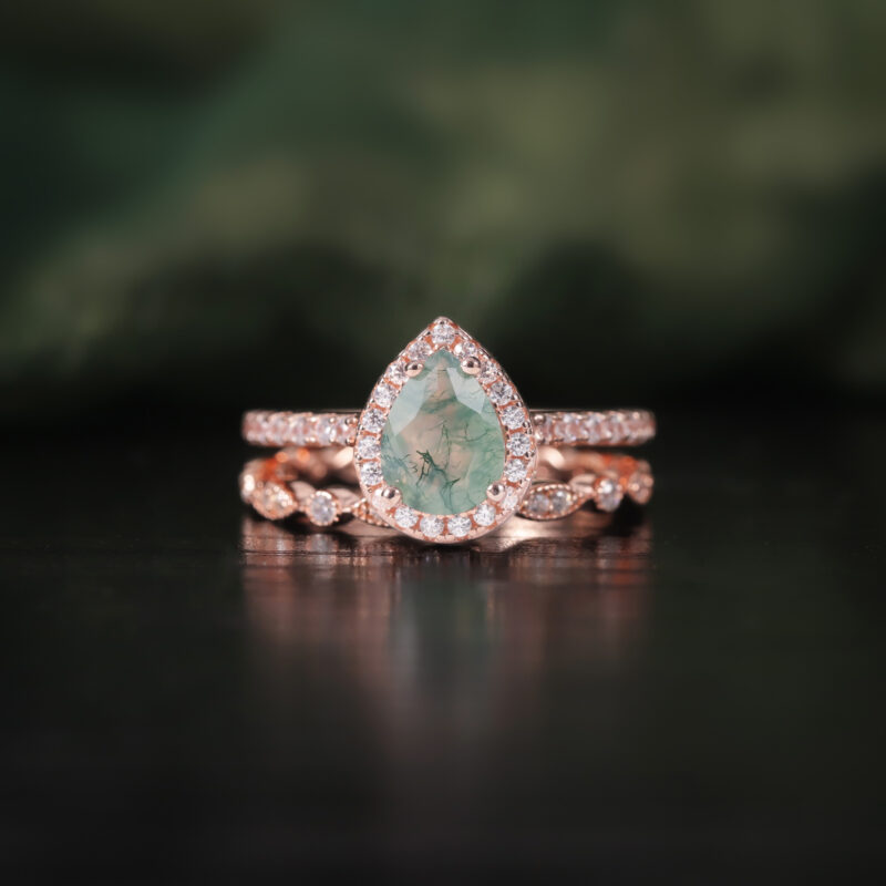 6X8mm Pear Shape Moss Agate Engagement Ring Set in 18K rose gold plated over 925 sterling silver