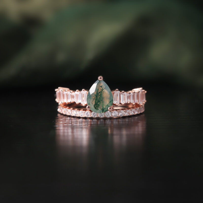 Catch a gift from the forest in  Pear-Shaped Moss Agate Ring Set in 18K rose gold plated over 925 sterling silver