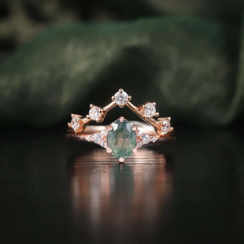 forest landscape on your finger 5X7mm Oval Moss Agate Ring Set in 18K rose gold plated over 925 sterling silver