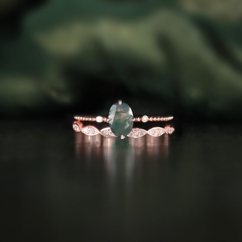 5X7mm Oval Moss Agate Engagement Ring Set in 18K rose gold plated over 925 sterling silver
