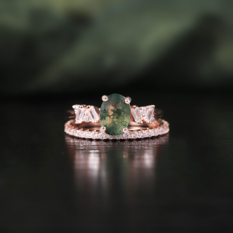 6X8mm Oval Moss Agate Engagement Ring Set in 18K rose gold plated over 925 sterling silver