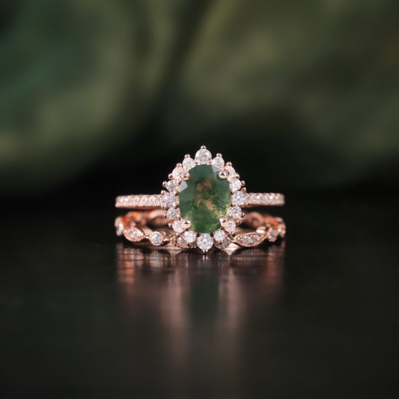 6X8mm Oval Moss Agate Halo Engagement Ring Set in 18K rose gold plated over 925 sterling silver