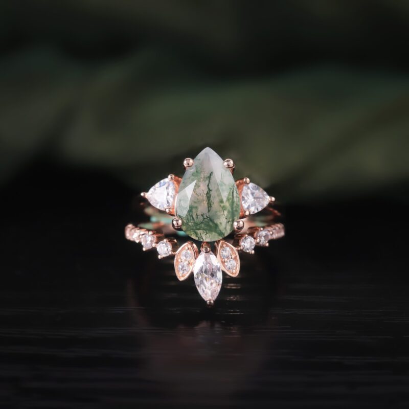8X12mm Pear Shape Moss Agate Engagement Ring Set in 18K rose gold plated over 925 sterling silver Cluster Wedding Band