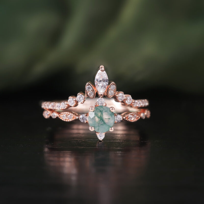 5mm Round Moss Agate Engagement Ring Set in 18K rose gold plated over 925 sterling silver Curved Wedding Bridal Band Ring