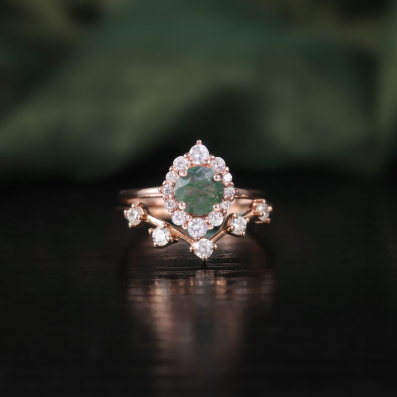 A piece of the forest with 6mm Round Moss Agate Ring Set in 18K rose gold plated over 925 sterling silver