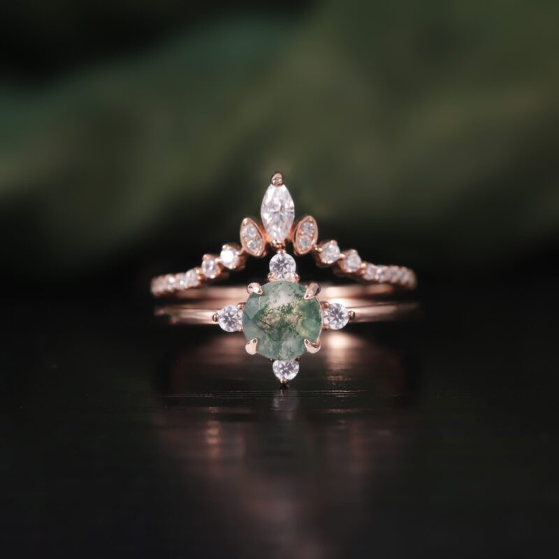 6mm Round Moss Agate Engagement Ring Set in 18K rose gold plated over 925 sterling silver with Curved Wedding Bridal Band Ring