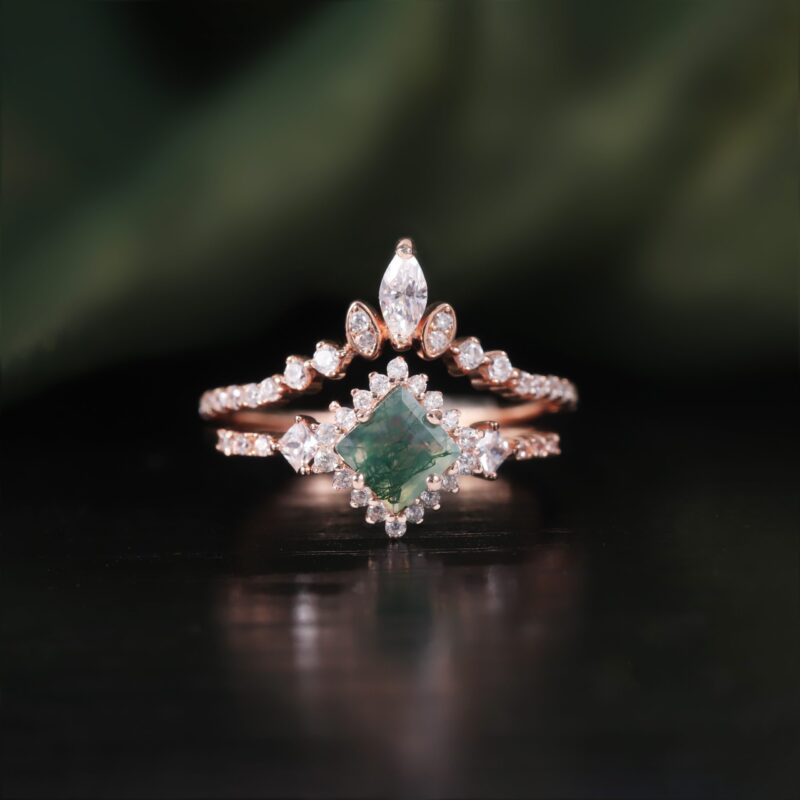 5X5mm Square Shape Moss Agate Engagement Ring Set in 18K rose gold plated over 925 sterling silver