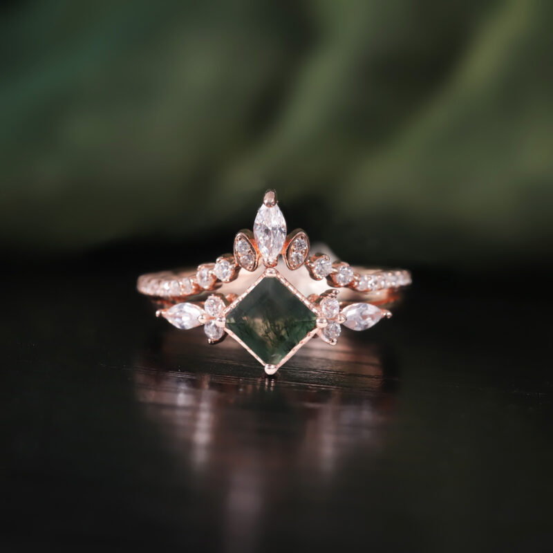 5X5mm Square Shape Moss Agate Engagement Ring Set in 18K rose gold plated over 925 sterling silver Curved Wedding Bridal Band Ring