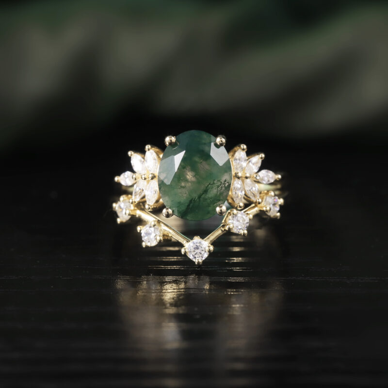 A window into the wild with Large Oval Moss Agate Ring Set in 18K gold plated over 925 sterling silver