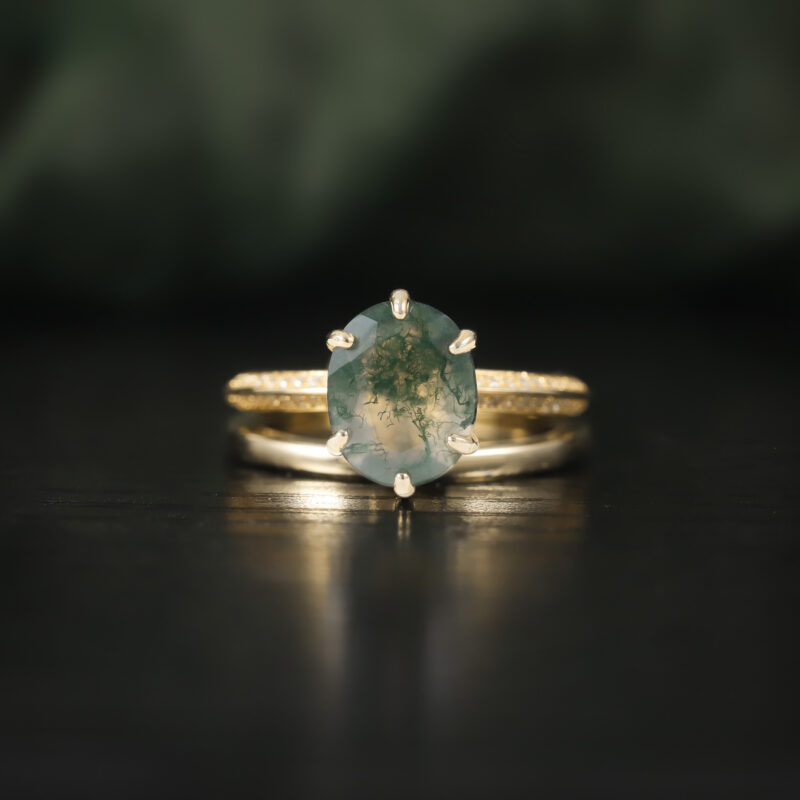 8X10mm Oval Moss Agate Engagement Ring Set in 18K rose gold plated over 925 sterling silver